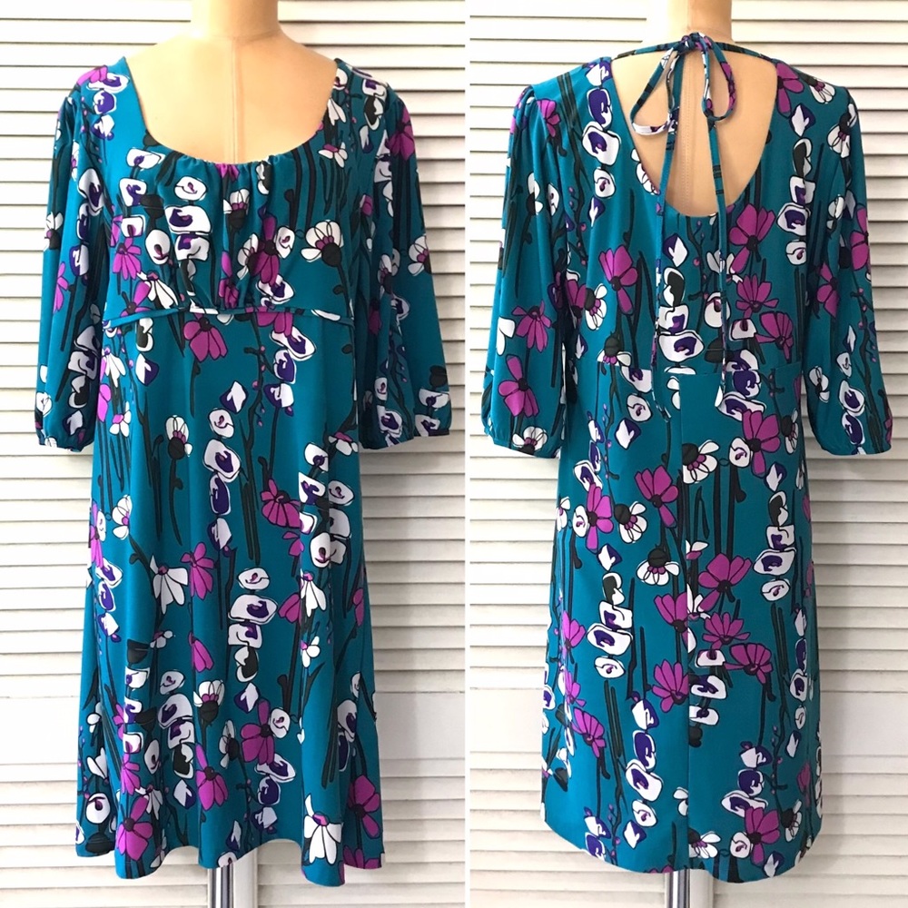 Ladies Circle Womens Dress size 14 Teal Blue Floral Half Sleeve Casual Party